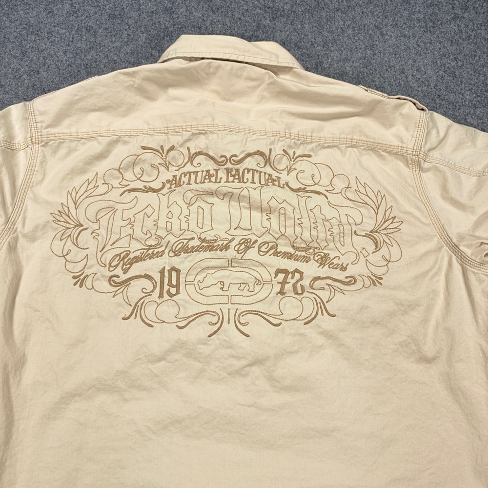 Ecko Unltd Mens XL Khaki Tan Short Sleeve Embroidered Button Up Shirt Rhino Logo